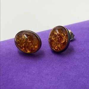 💛 Vintage 925 Silver Amber Oval Stud Earrings
